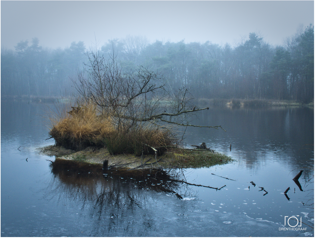 Eiland in het water, sombere dag